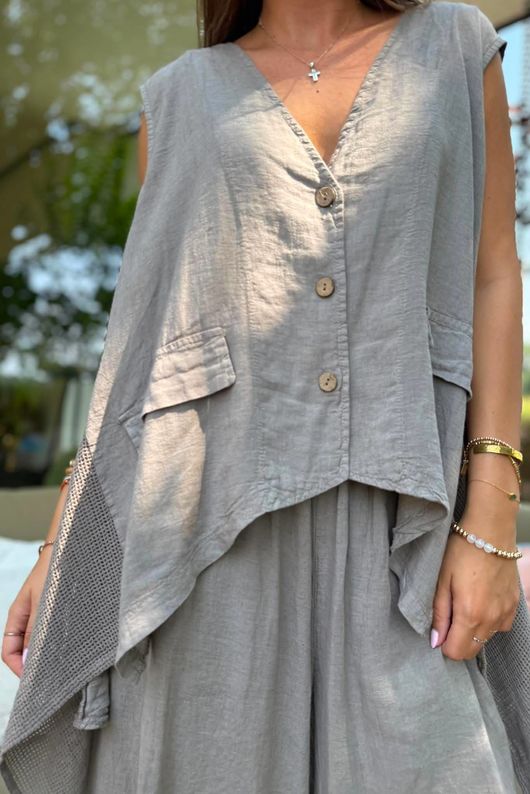 Sandbar Linen Blend 3 Button Dip Side Waistcoat Mocha